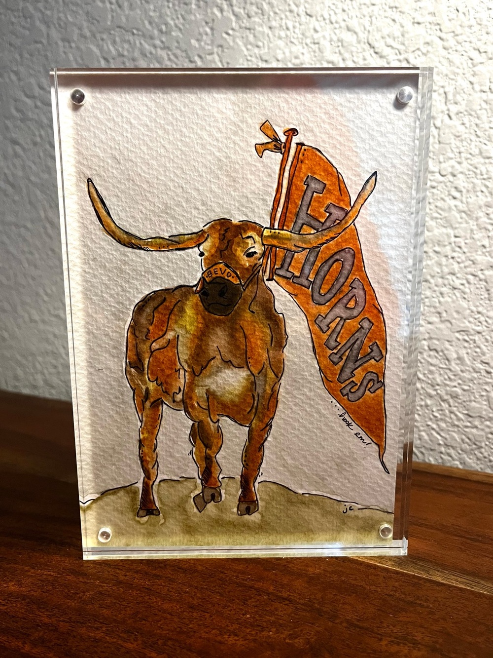 Longhorn Watercolor Art Print in Orange and Brown 5x7 - by JC watercolor